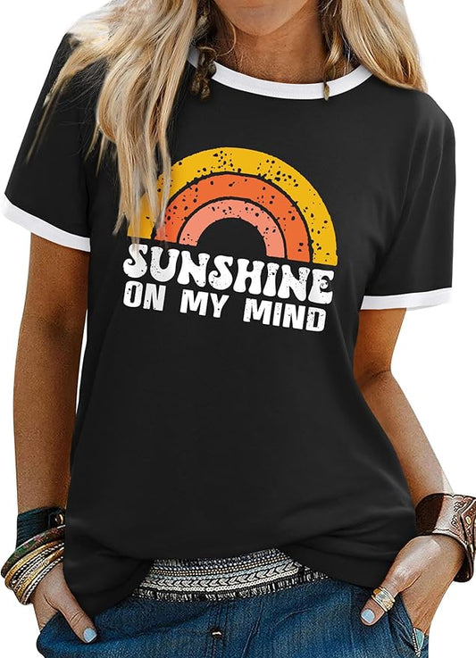 Bring On The Sunshine T-Shirt Rainbow Graphic Print Short Sleeve Crew Neck Tee Tops Ladies Summer Shirts