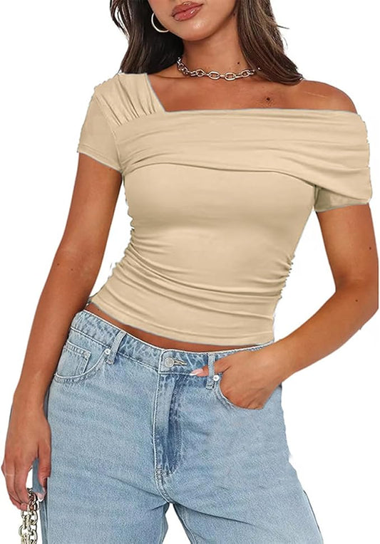 Shoulder Tops Boat Neck Slim Fitted T-Shirt Blouse Tunics Summer Outfits
