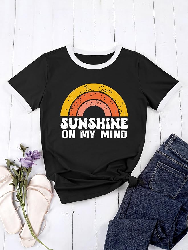 Bring On The Sunshine T-Shirt Rainbow Graphic Print Short Sleeve Crew Neck Tee Tops Ladies Summer Shirts